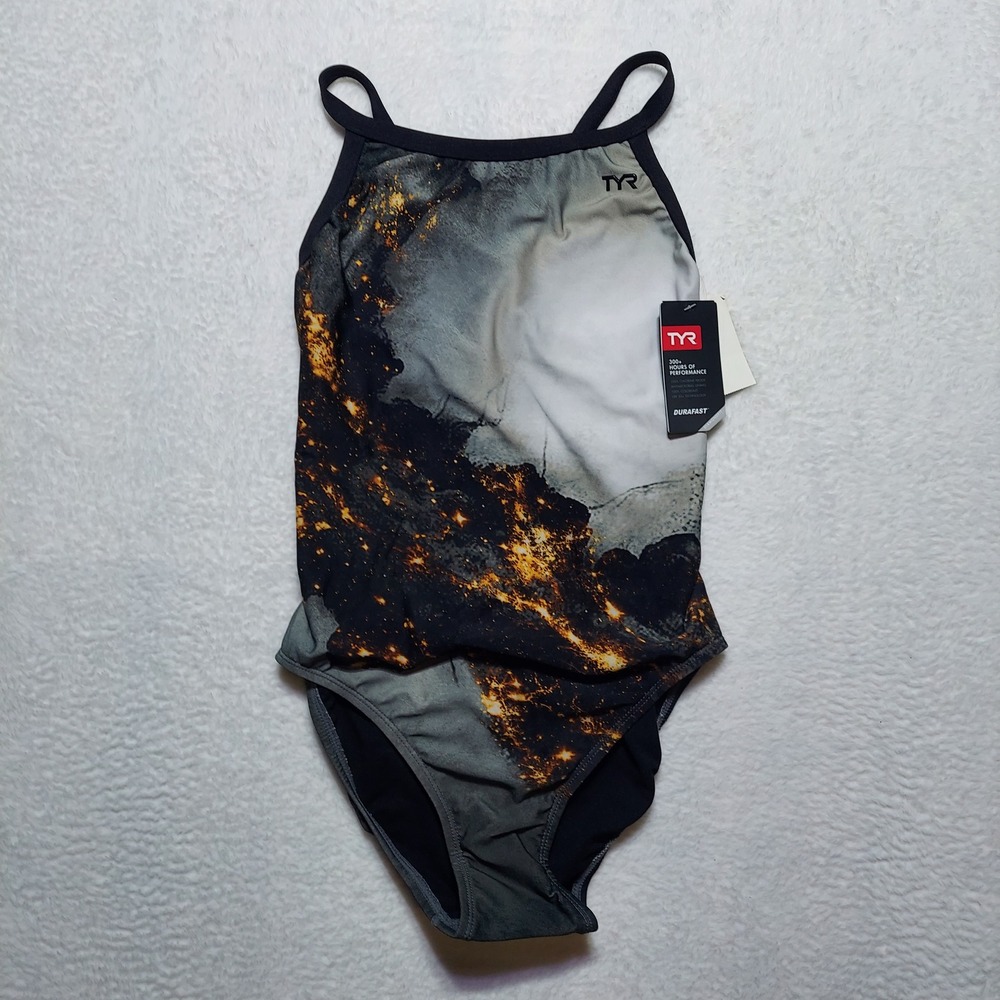 TYR Pyrite Diamondfit Swimsuit Women Size L 34 Gold Black Durafast Elite DPYR7AH
